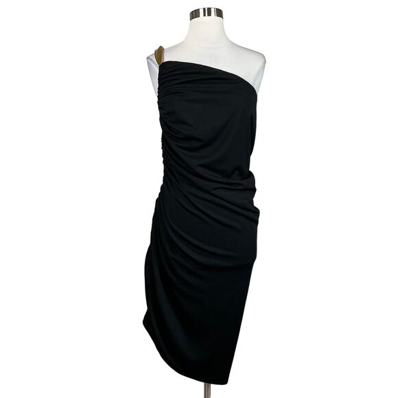 Donna Karan Women's Cocktail Dress Size 10 Black One Shoulder Ruched Midi Sheath - Picture 1 of 14
